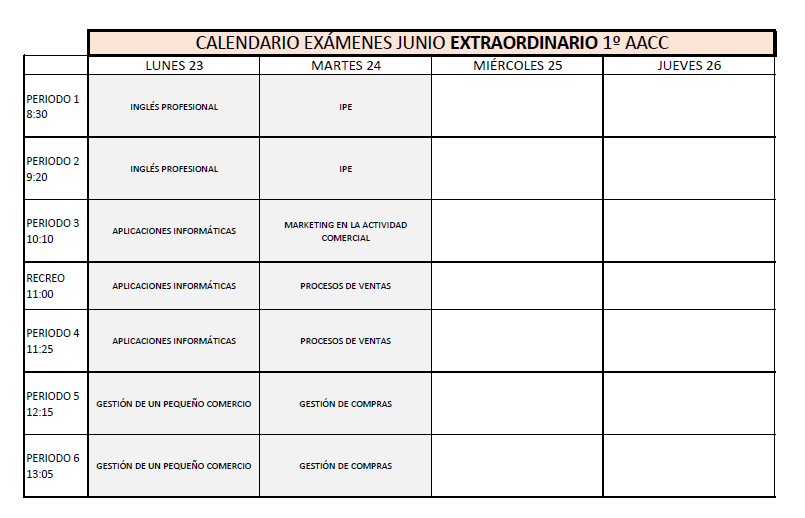 Calendario EXTRAORDINARIOS 1ºAACC
